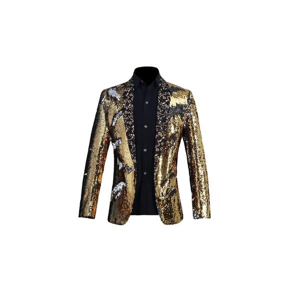 New PYJTRL Men’s Gold And Black Conversion Shiny Sequins Blazer Suit Jacket